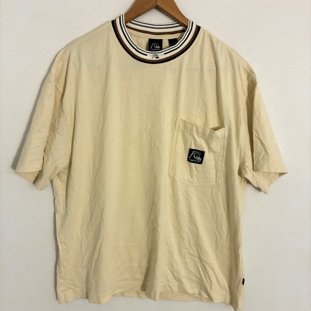 Quiksilver Y2K Shirt Mens XL Beige Boxy Fit Ringer Crew Neck Pocket Surf Skater